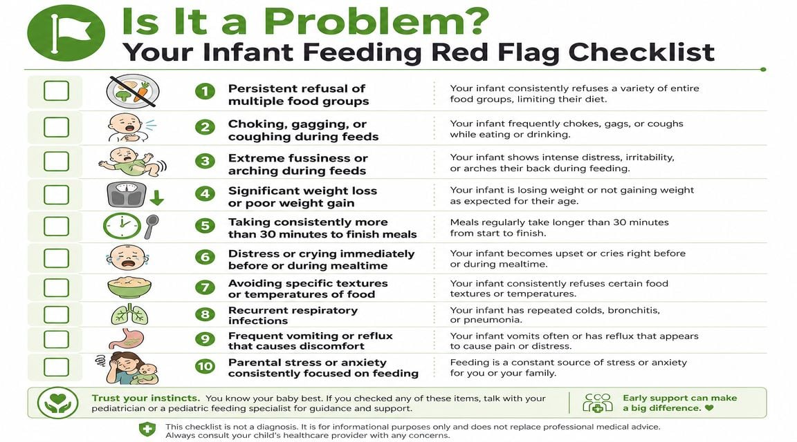 An infant feeding red flag checklist for parents to identify potential concerns with their baby's eating habits.