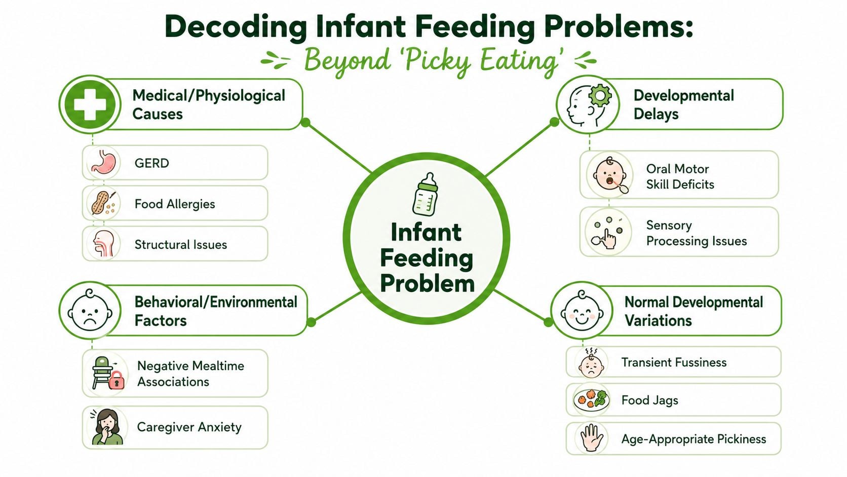 An infographic titled Decoding Infant Feeding Problems detailing various medical, behavioral, and developmental causes for feeding difficulties.