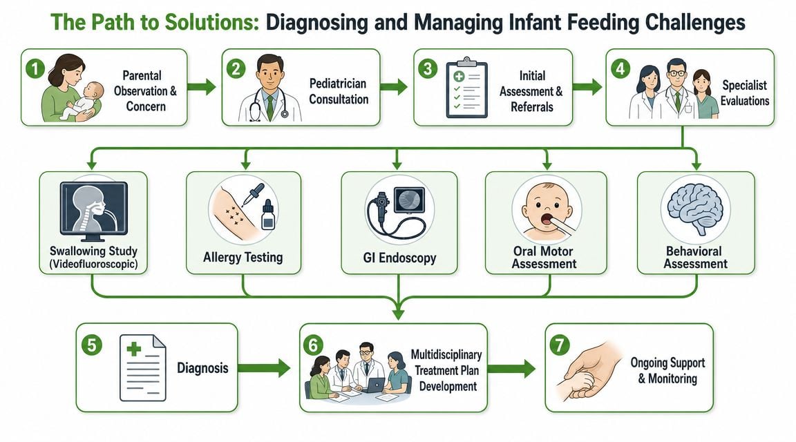 A flow chart illustrating the diagnostic and management process for addressing common infant feeding challenges and disorders.