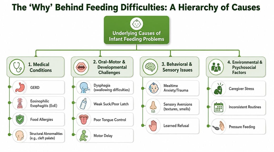 A hierarchy diagram illustrating the four main categories of underlying causes for infant feeding difficulties and problems.