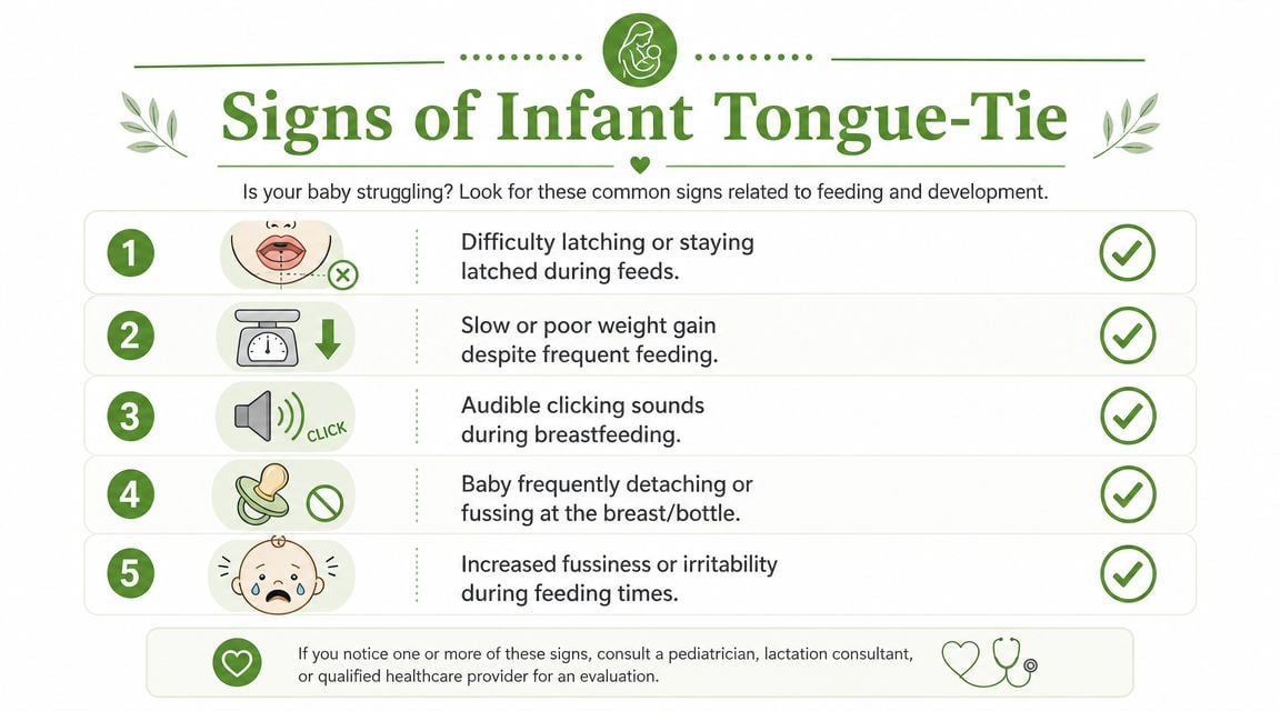 An educational infographic outlining five common signs of infant tongue-tie related to breastfeeding and weight gain.