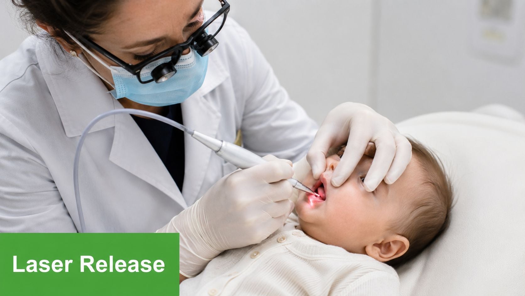 A dentist wearing gloves and a mask performs a laser tongue-tie release procedure on an infant patient.