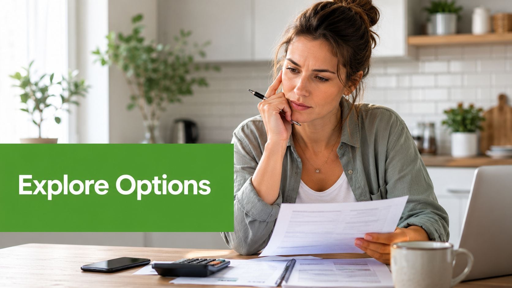 A focused woman reviewing financial documents while sitting at a kitchen table with a laptop and calculator.