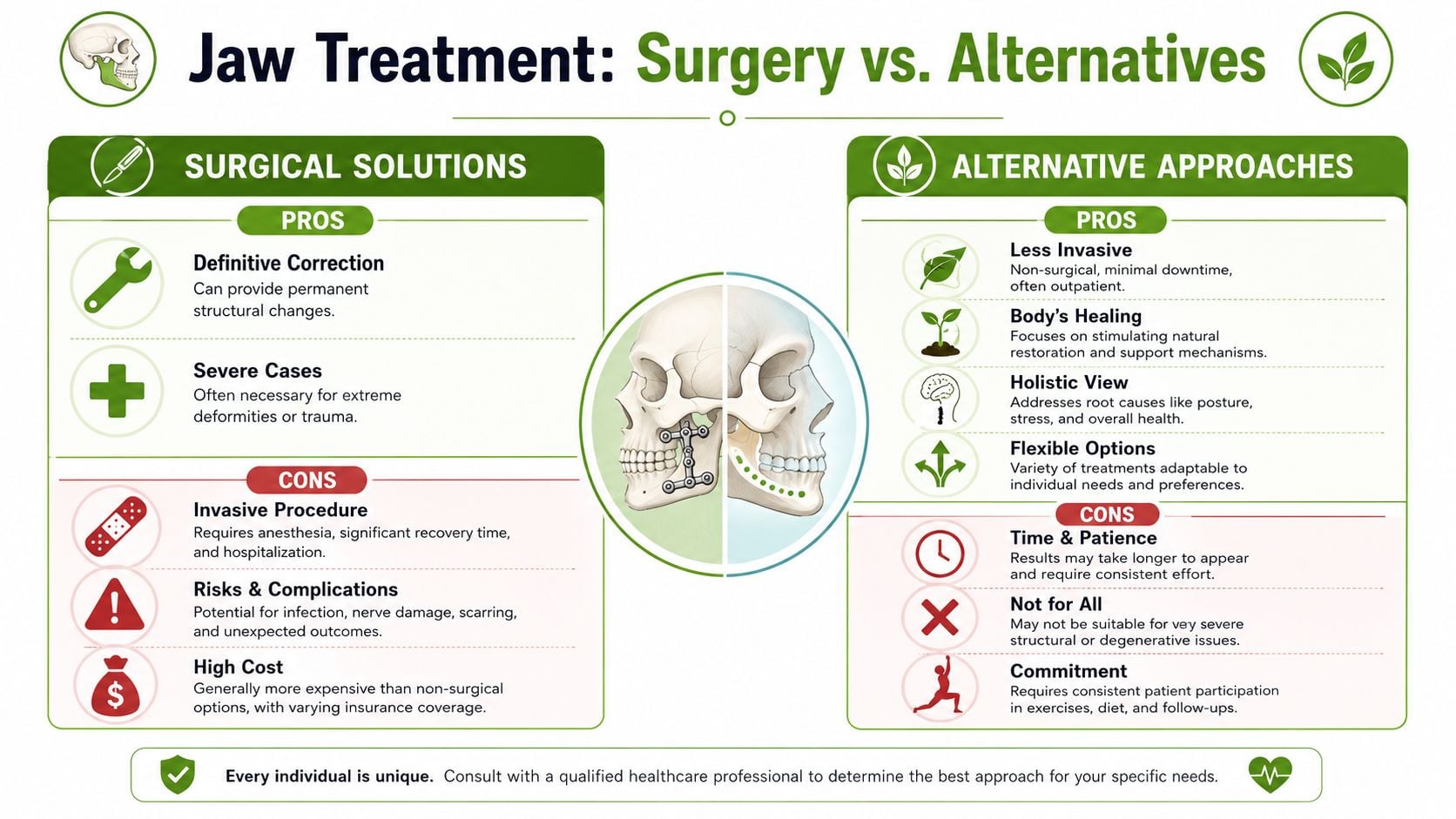 A comparison chart showing the pros and cons of surgical jaw treatments versus alternative non-surgical approaches.