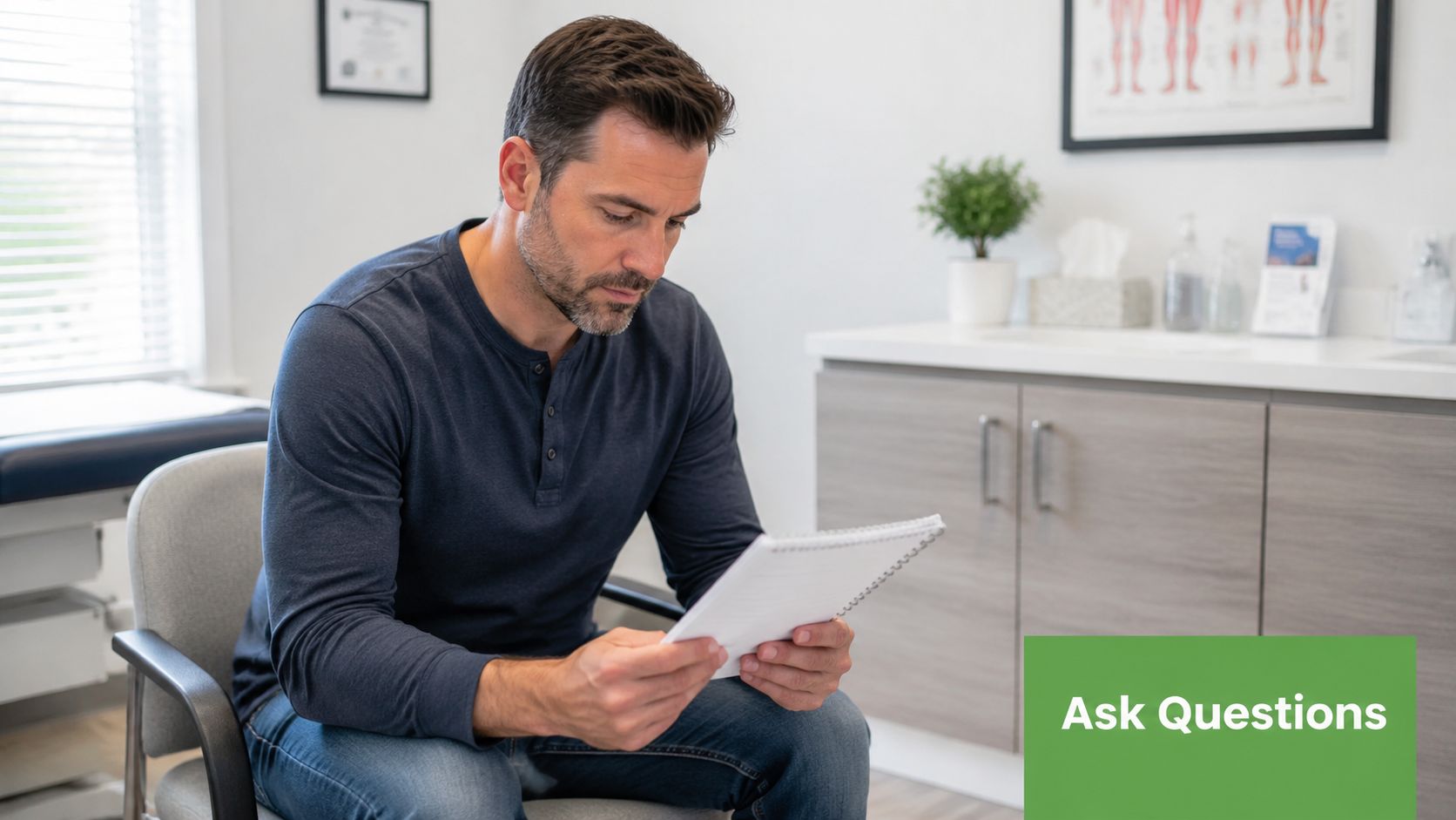 A middle-aged man sitting in a clinical office reviewing paperwork or reading from a spiral notebook.