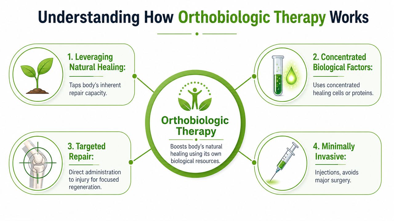 An infographic explaining four key benefits of orthobiologic therapy, including natural healing, concentrated biological factors, targeted repair, and minimally invasive procedures.