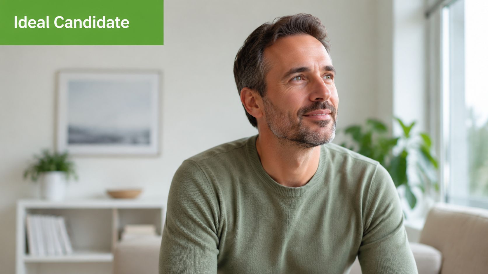 A middle-aged man with graying hair wearing a green sweater looking thoughtfully towards a window.