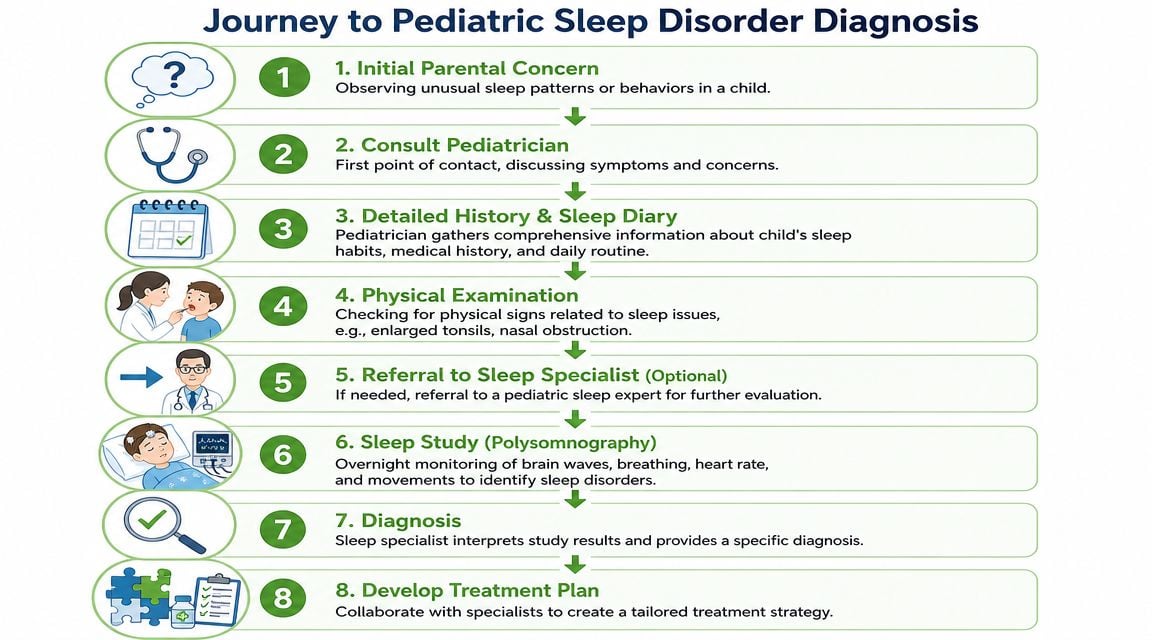 A flowchart infographic outlining the eight steps involved in diagnosing a pediatric sleep disorder in children.