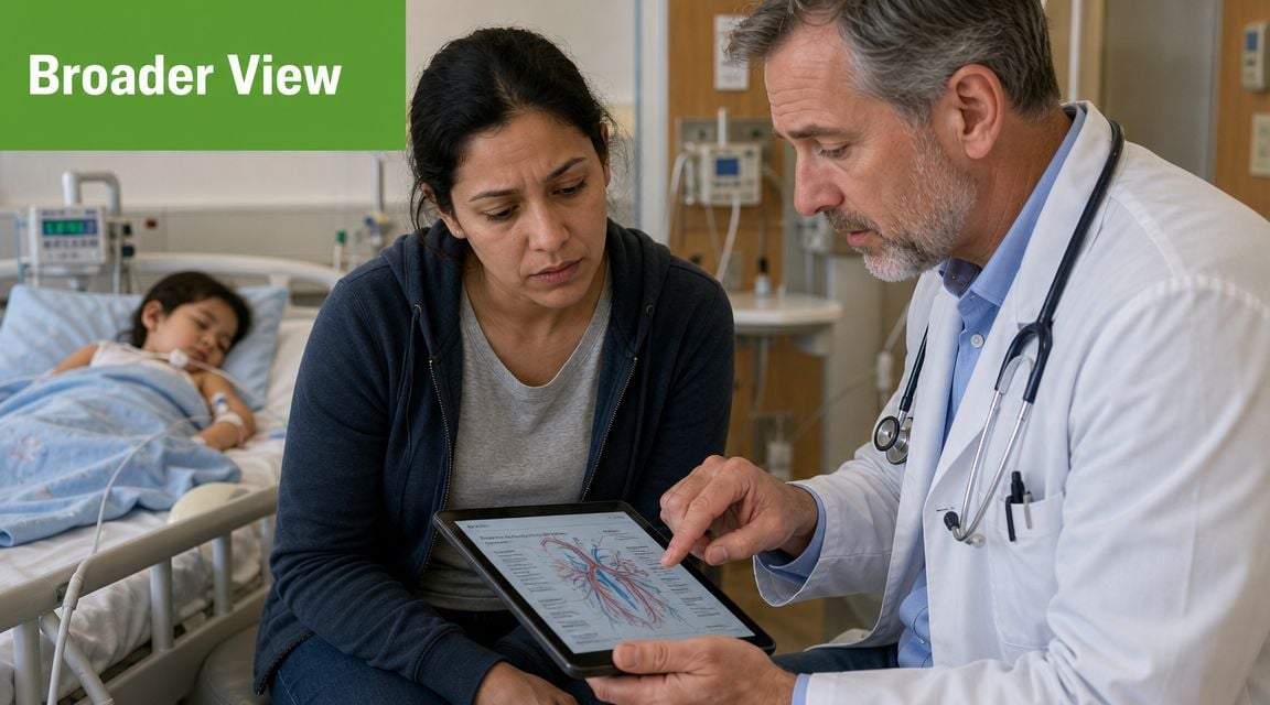 A concerned mother listens to a doctor explain a heart anatomy diagram on a tablet in hospital.