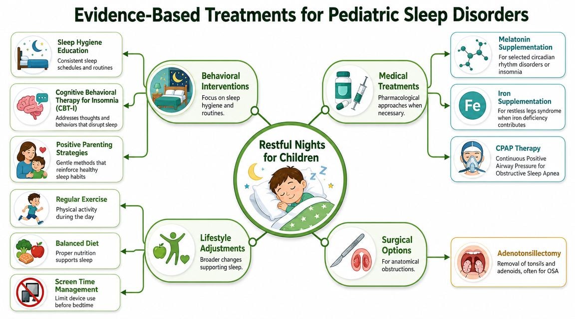 A diagram outlining evidence-based treatments for pediatric sleep disorders including behavioral, medical, lifestyle, and surgical approaches.