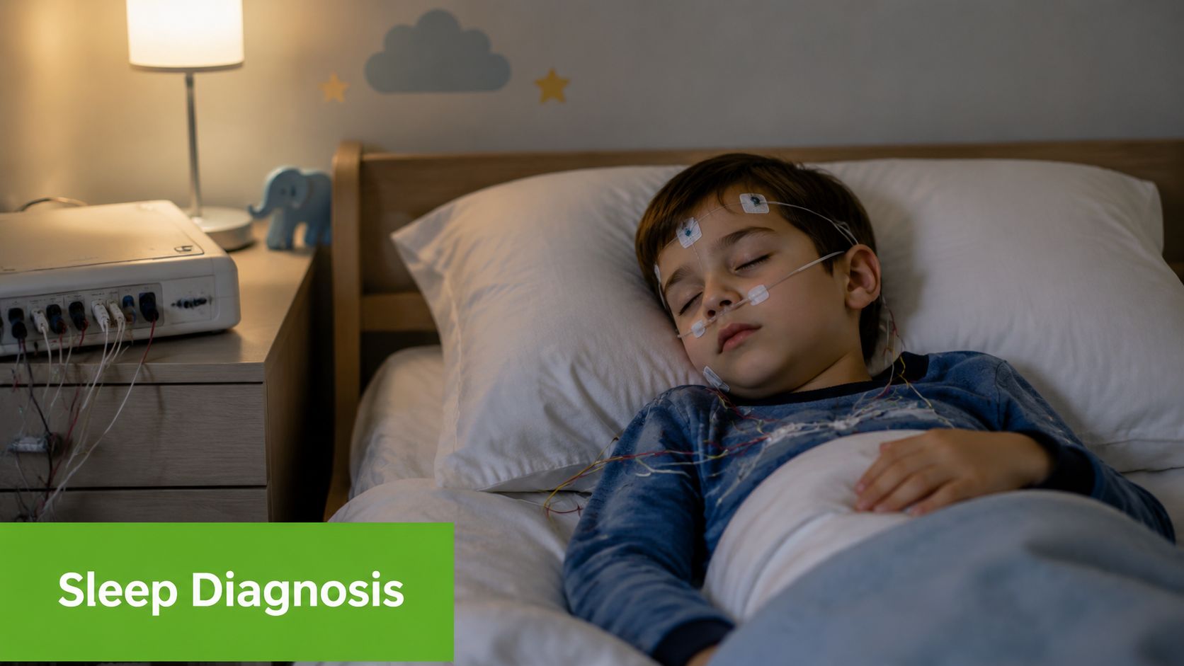 A young boy sleeps soundly in bed while wearing sensors for a pediatric sleep study monitor.