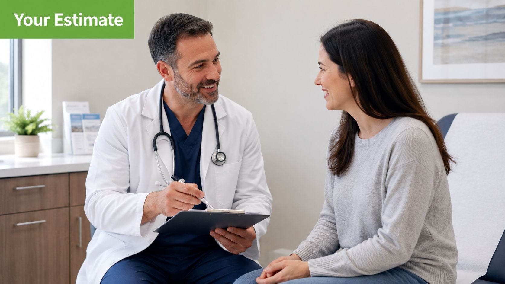 A friendly male doctor wearing a white coat consults with a female patient in a medical office.