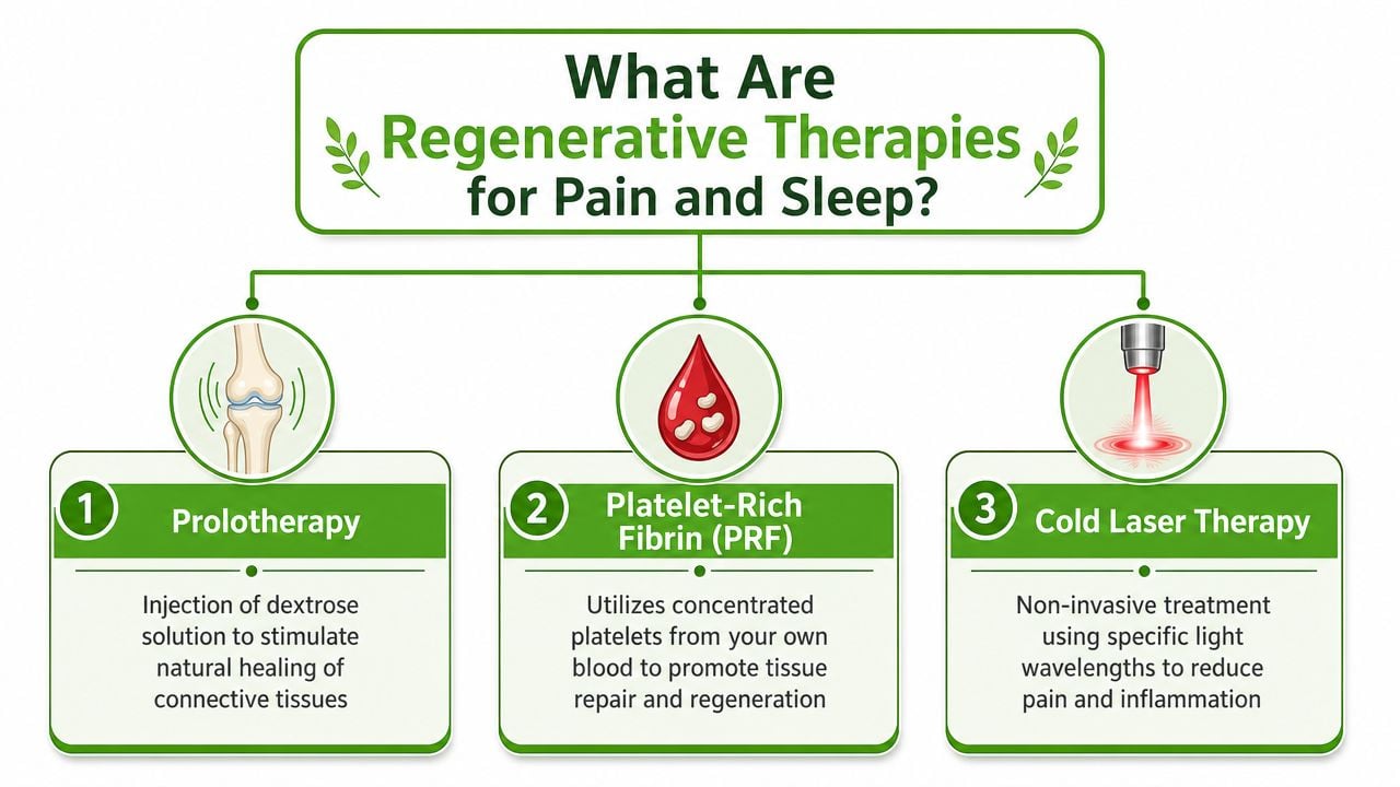 An infographic illustrating three common regenerative therapies for managing pain and improving sleep quality.