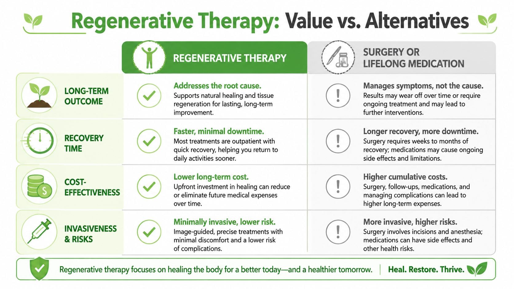 A comparison chart showing the benefits of regenerative therapy versus surgery or lifelong medication for healthcare.