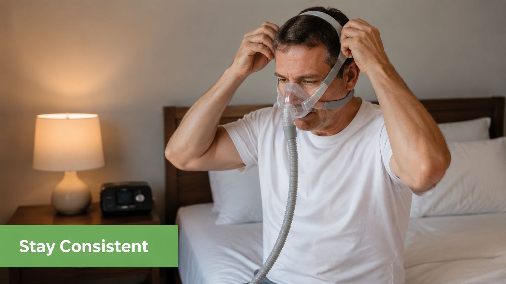 A middle-aged man sitting on his bed adjusting a CPAP mask for his sleep apnea treatment.