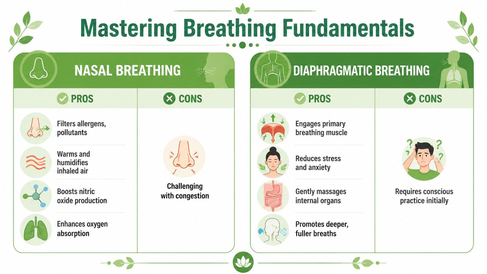 An infographic comparing the pros and cons of nasal breathing and diaphragmatic breathing for improved respiratory health.