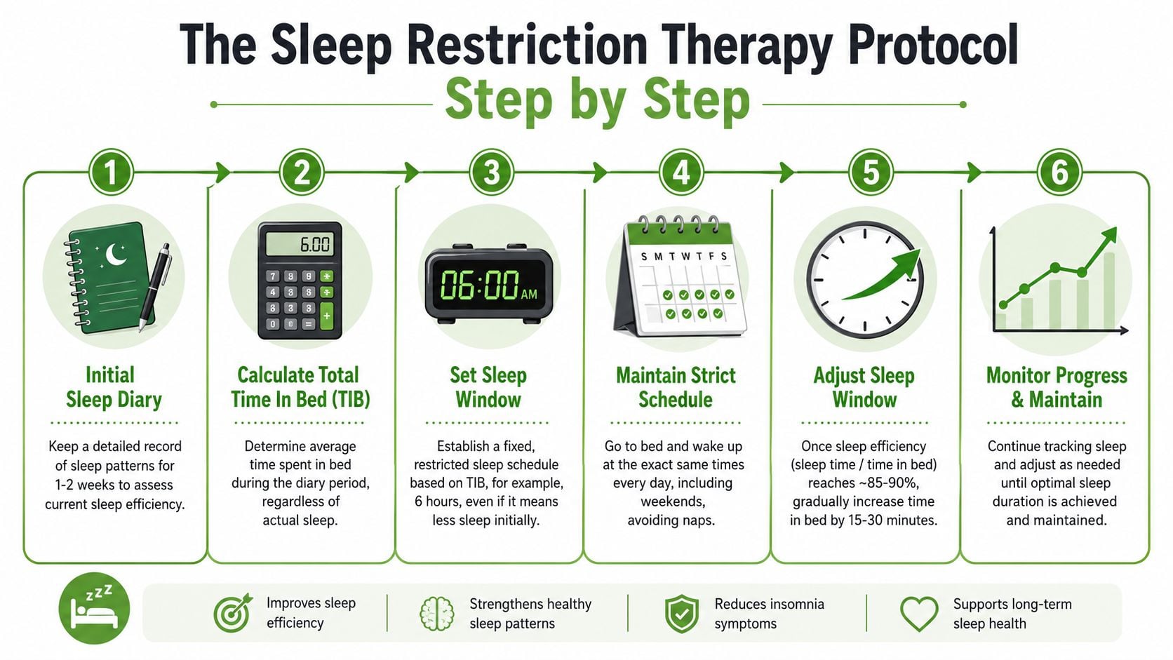 A six-step infographic explaining the Sleep Restriction Therapy protocol for improving sleep hygiene and reducing insomnia symptoms.