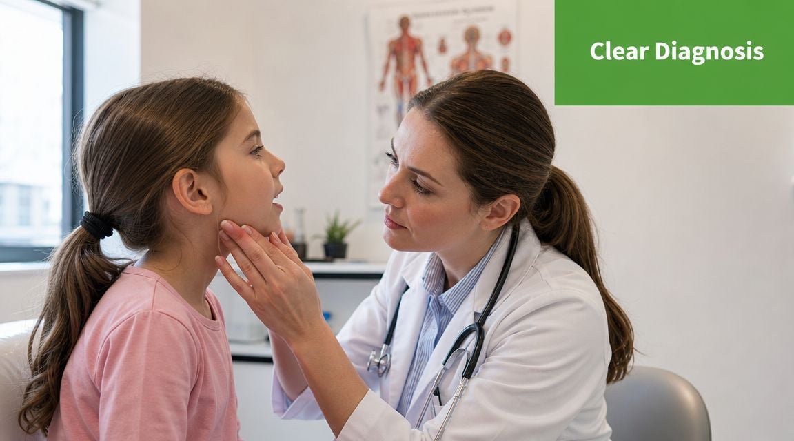 A female doctor gently examines the neck of a young girl during a medical checkup in her office.