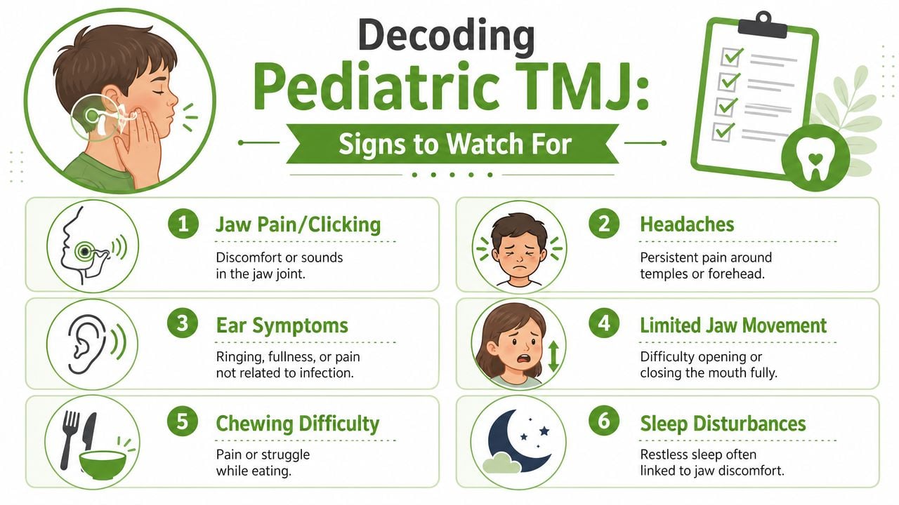 An educational infographic outlining six common signs of pediatric TMJ in children, including jaw pain, headaches, and sleep issues.