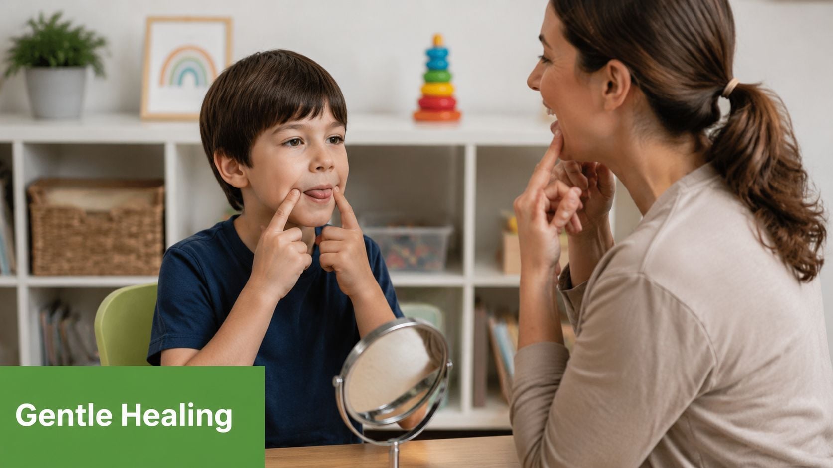 A speech therapist guiding a young boy with tongue placement exercises in front of a small mirror.