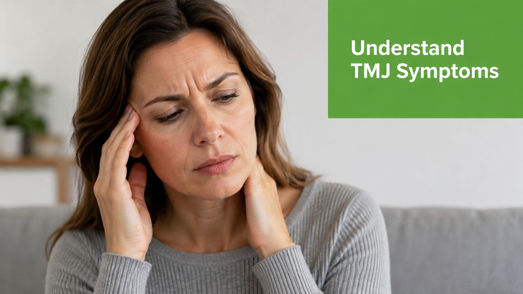 A woman holding her face and neck in discomfort, illustrating symptoms related to TMJ pain.