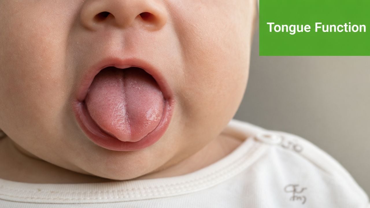 A close-up view of a baby's mouth showing the tongue, illustrating concerns regarding tongue tie complications.
