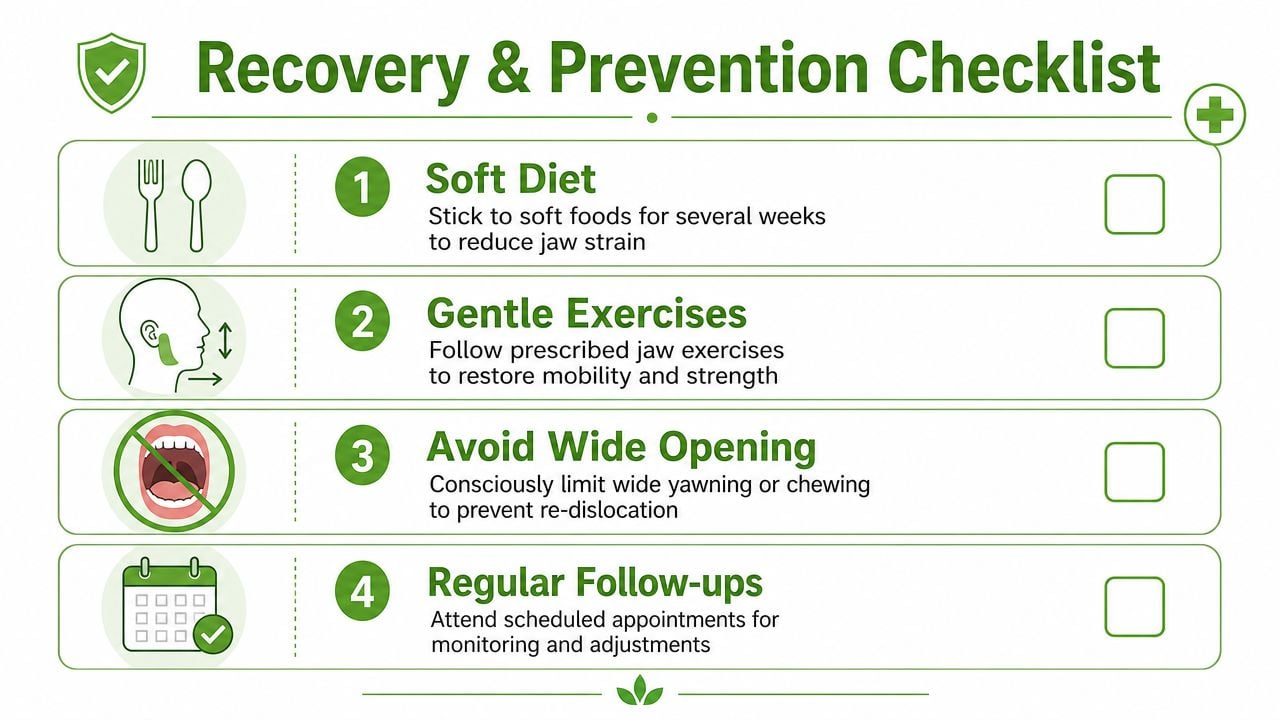 A Recovery and Prevention Checklist infographic for jaw health with four numbered steps including diet and exercises.