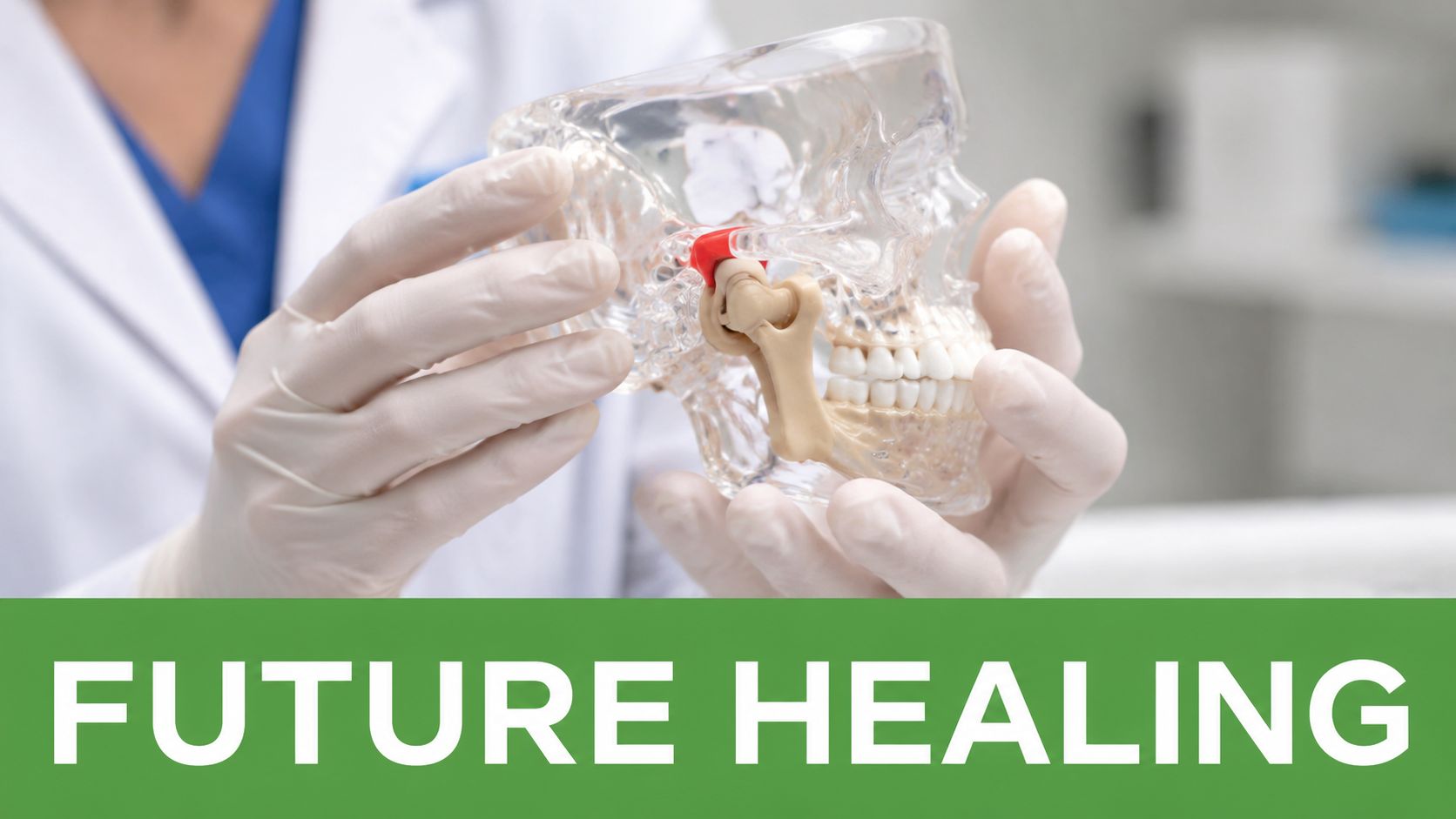 A healthcare professional wearing medical gloves holding a plastic anatomical skull model showing the jaw joint.