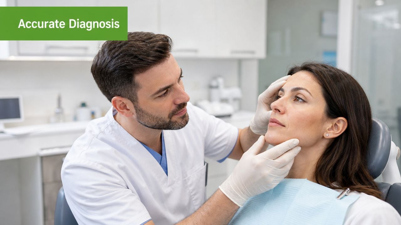 A professional dentist examining a female patient's jaw and facial area during a dental consultation in a clinic.