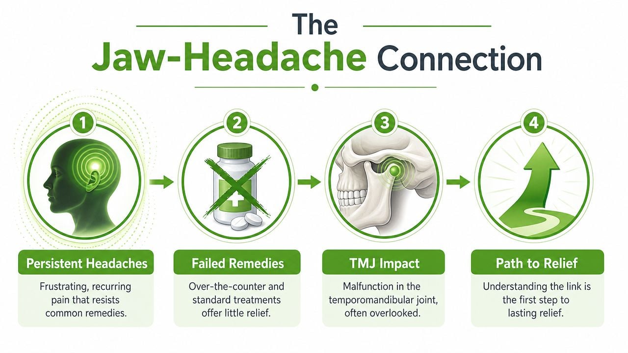 A four-step infographic illustrating how TMJ issues cause persistent headaches and the path toward finding relief.