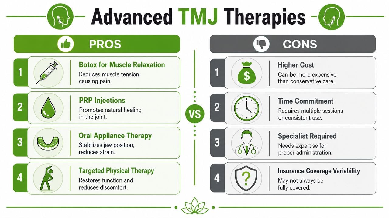 An infographic detailing the pros and cons of four advanced treatment options for TMJ disorders and chronic pain.