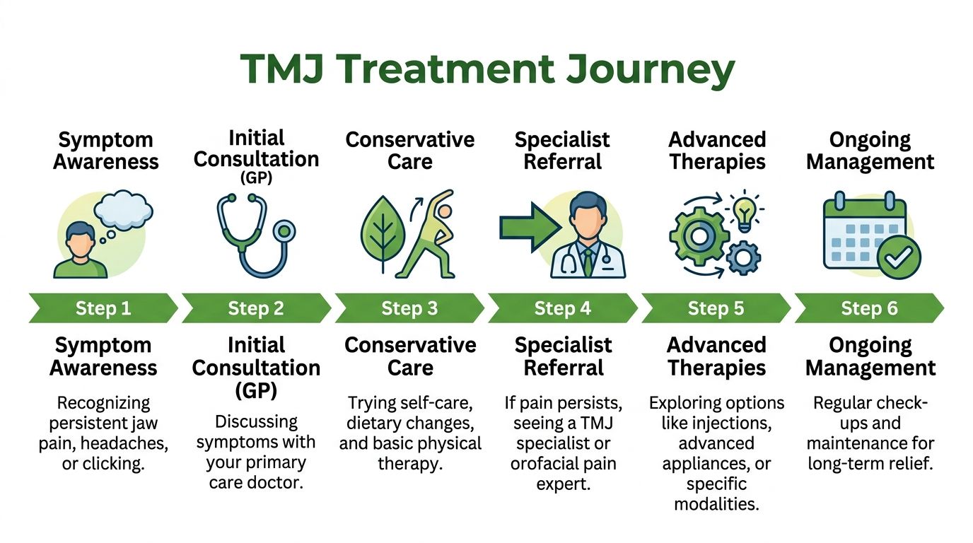 A six-step infographic detailing the treatment journey for patients experiencing TMJ pain and symptoms.