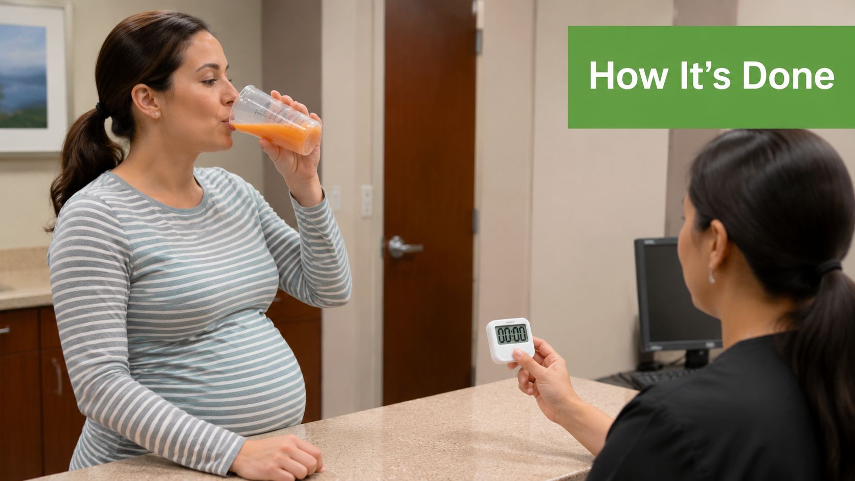 A pregnant woman drinks a glucose solution while a nurse monitors the time with a timer.
