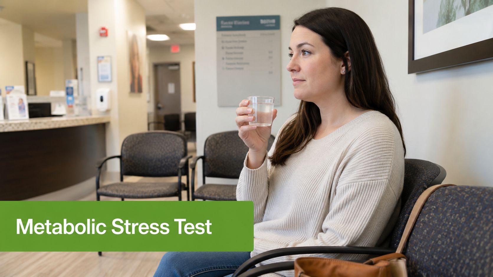 A woman sitting in a medical waiting room holding a small plastic cup of water.