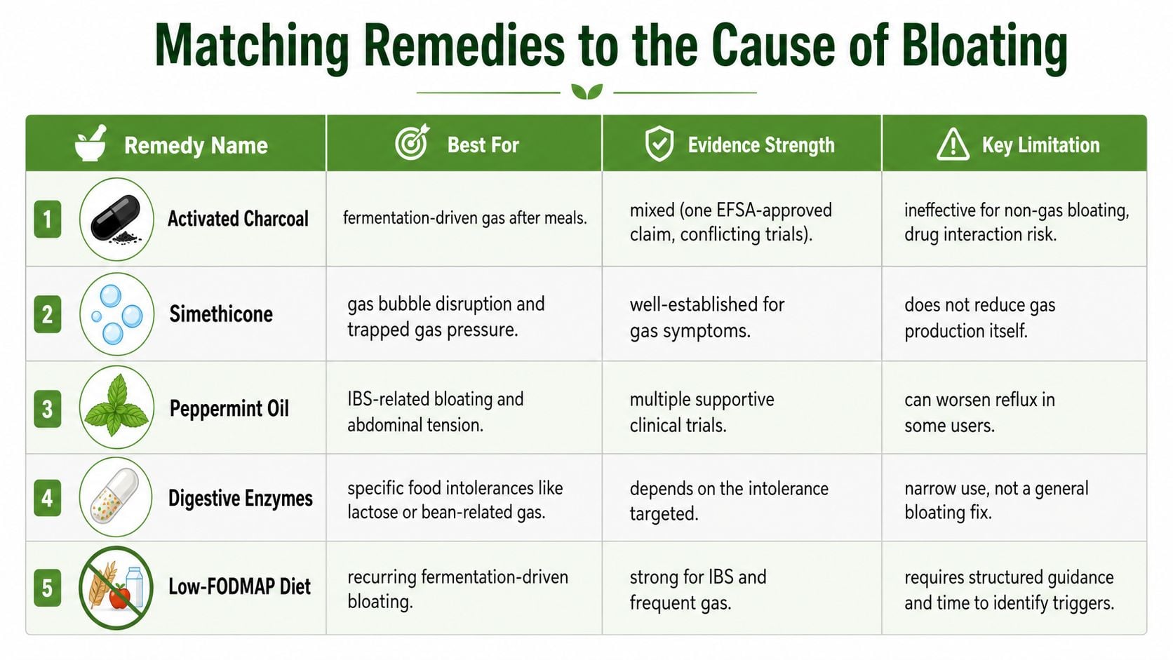 A chart showing five different remedies for bloating, their best uses, evidence strength, and key limitations.