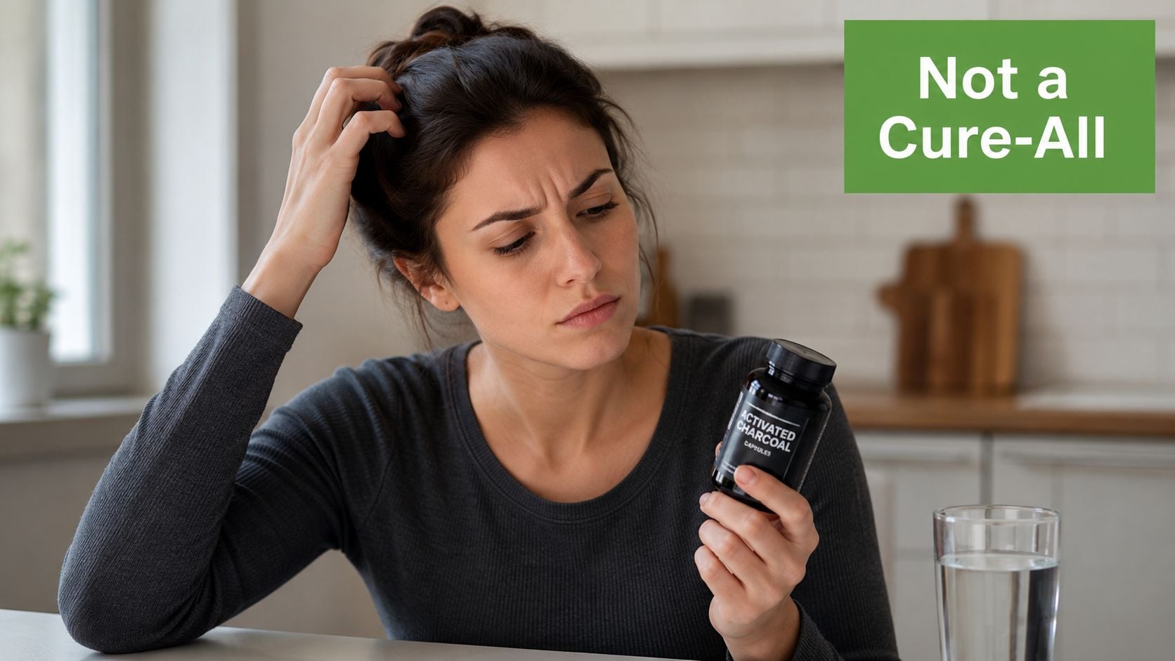 A woman looks confused while reading a bottle of activated charcoal supplements at her kitchen table.