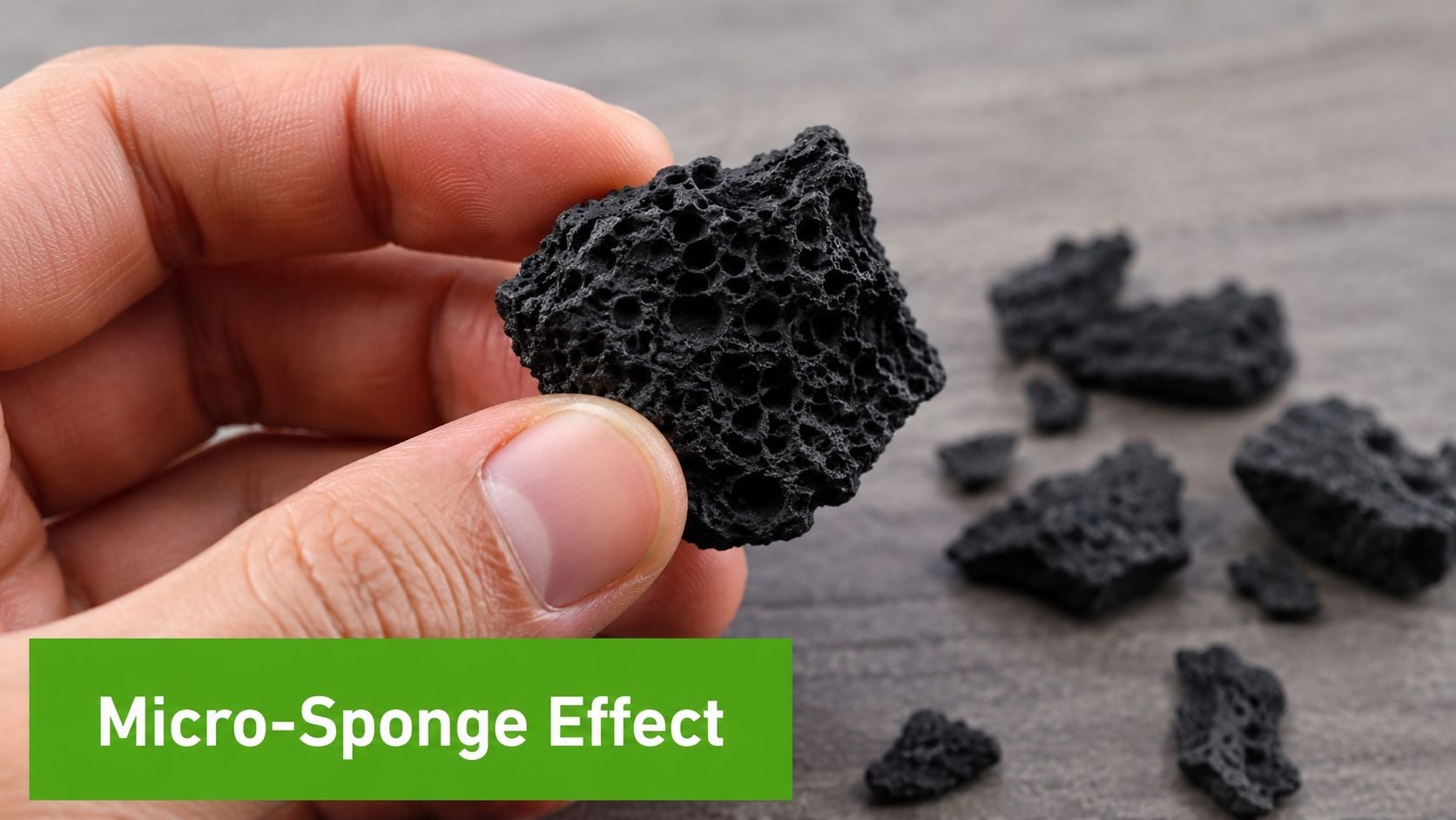 A hand holding a porous black piece of volcanic rock or activated charcoal representing micro-sponge absorption effect.