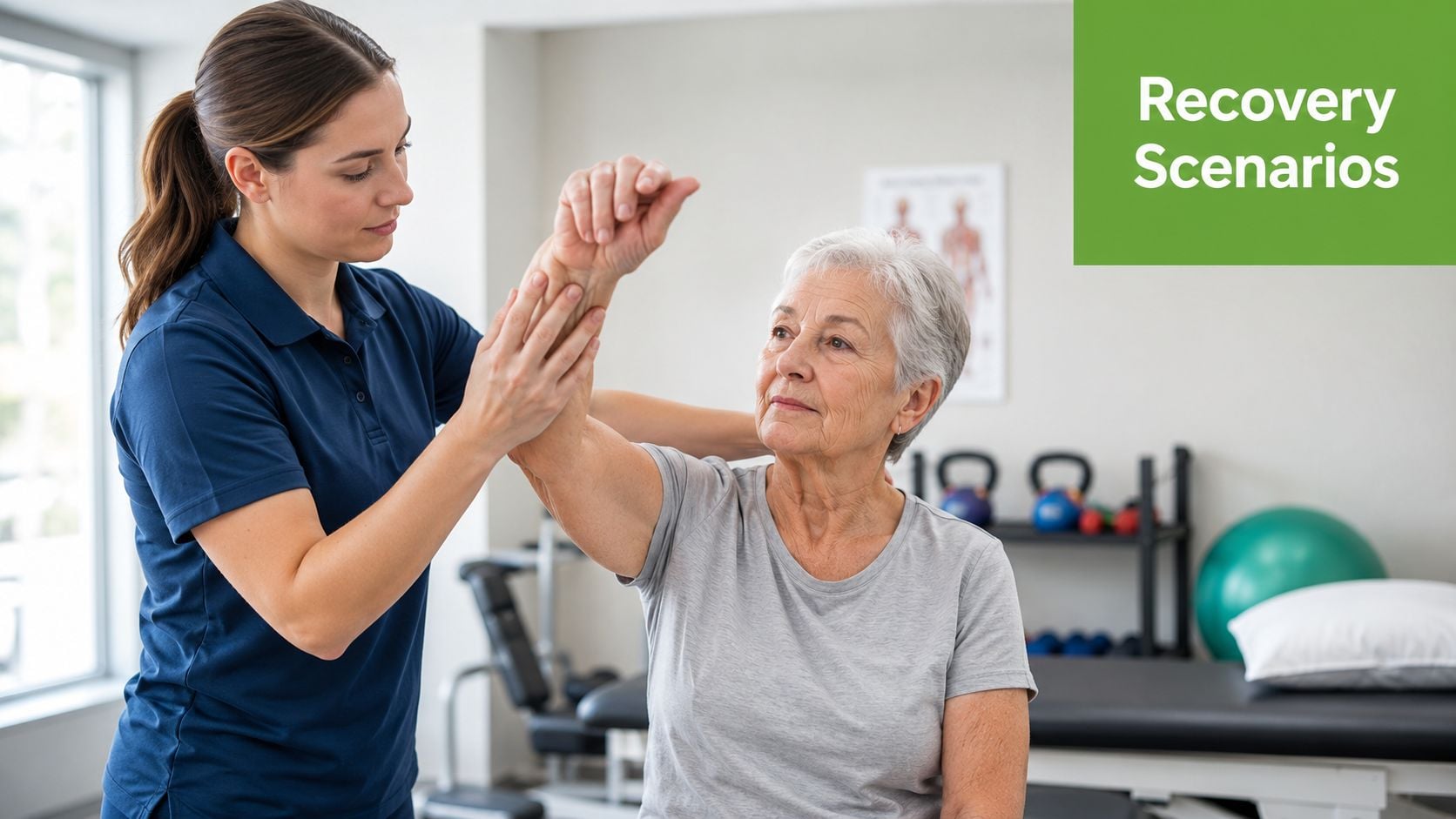 A female physical therapist assisting an elderly woman with active assistive range of motion shoulder exercises.
