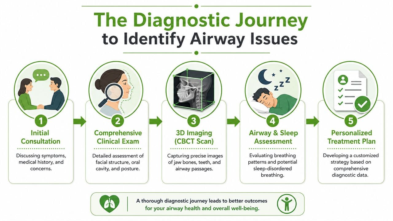 A five-step infographic showing the diagnostic journey to identify airway issues in patients.