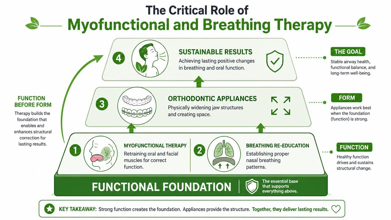 A diagram illustrating the four-step approach of airway-focused orthodontics, highlighting the integration of myofunctional therapy and breathing re-education.