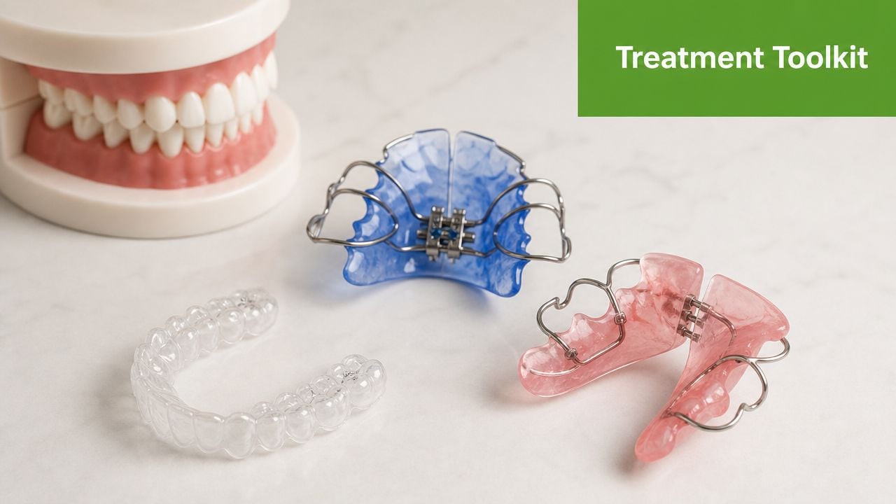 A dental model and three orthodontic appliances including a clear aligner and two removable palate expanders.