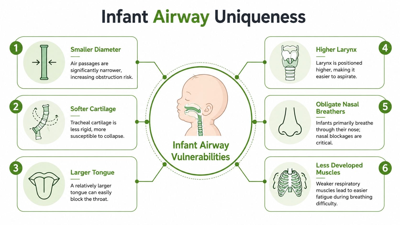 An infographic showing the six anatomical vulnerabilities that cause airway obstruction in infants.