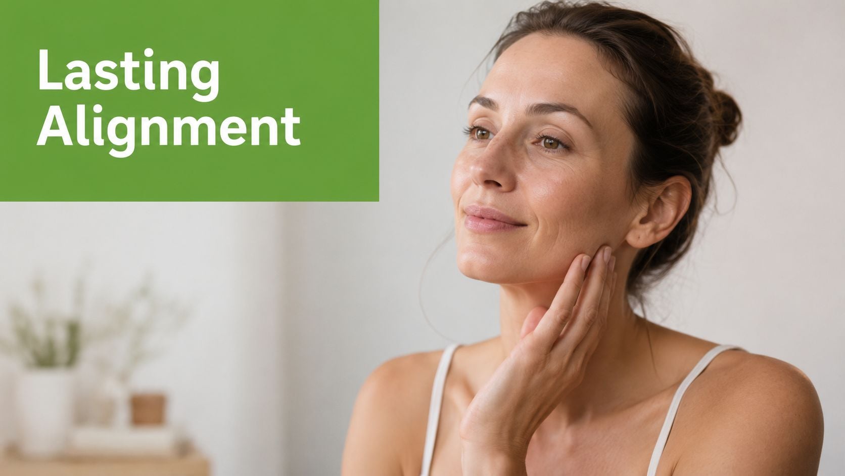 A woman gently touching her jawline, reflecting the benefits of achieving facial harmony and lasting alignment.
