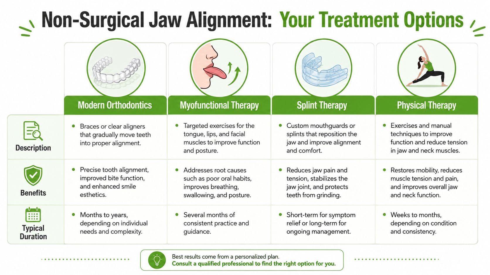 A chart detailing four non-surgical treatment options for jaw alignment, including orthodontics, myofunctional therapy, splints, and physical therapy.
