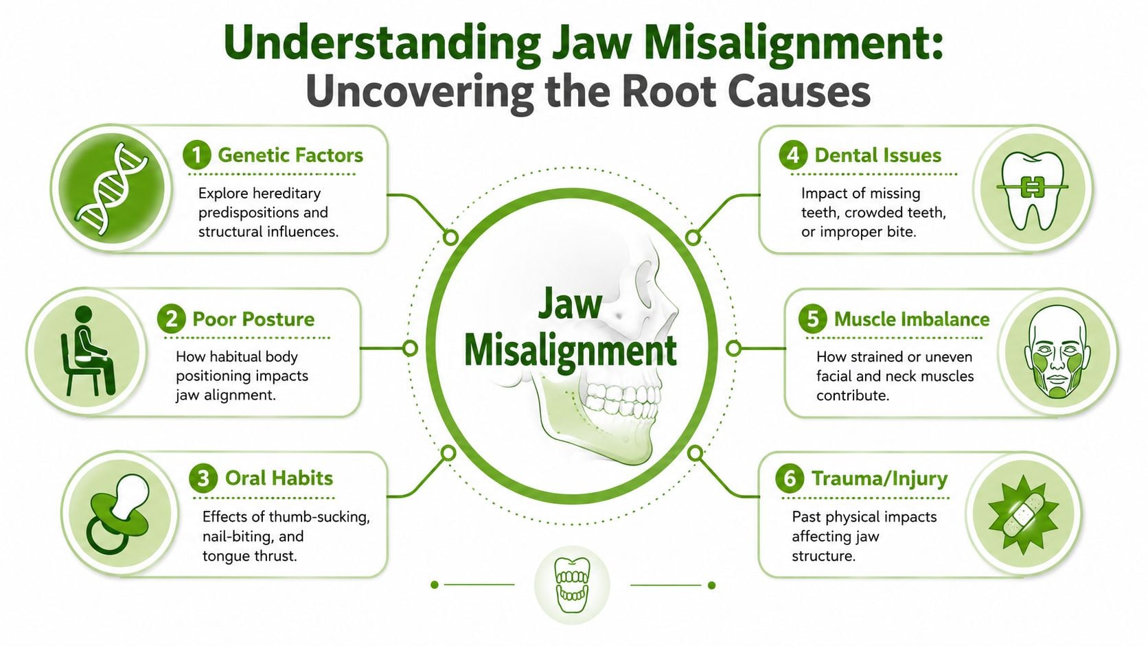 An infographic titled Understanding Jaw Misalignment showing six root causes including genetics, posture, oral habits, and injury.