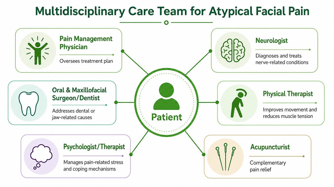 A diagram of a multidisciplinary care team for atypical facial pain surrounding a patient in the center.
