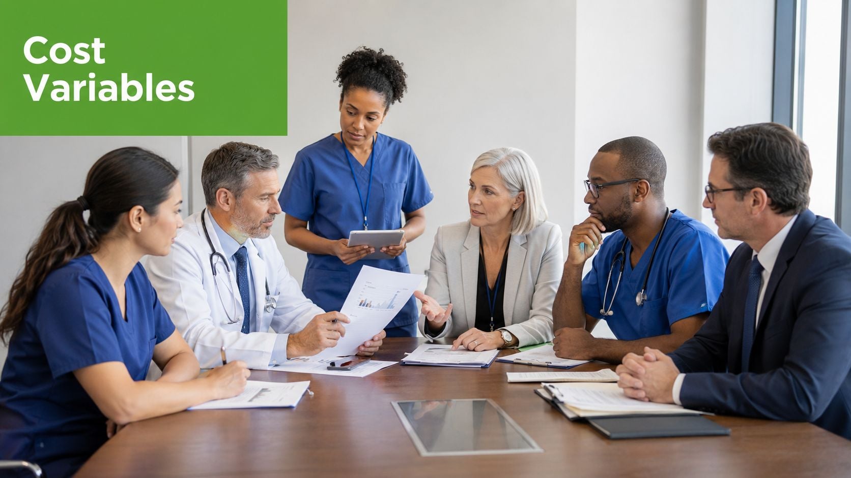 A diverse medical team and a business professional meeting in a conference room to discuss costs.