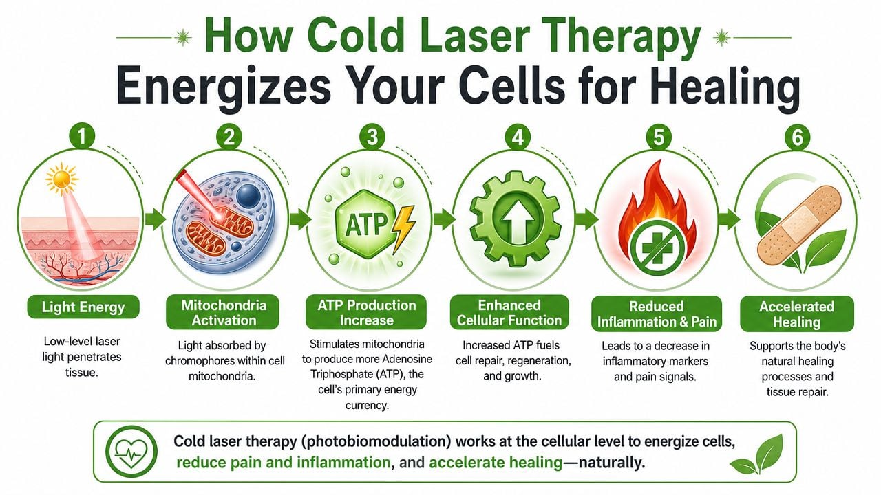 A diagram illustrating the six steps of how cold laser therapy energizes human cells for healing.