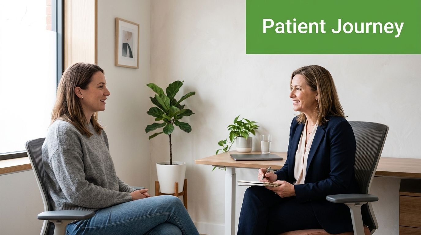 A professional therapist listens intently while taking notes during a consultation session with a female patient.
