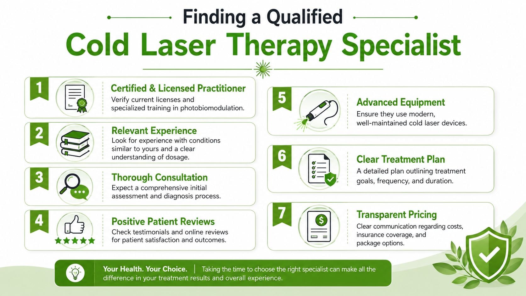 An infographic detailing seven essential steps for finding a qualified and experienced cold laser therapy specialist.